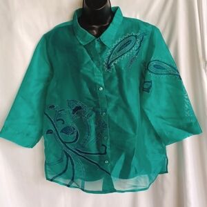 Embroidered Organza Blouse Green Sheer Mesh Lightweight Button, 22" PTP
